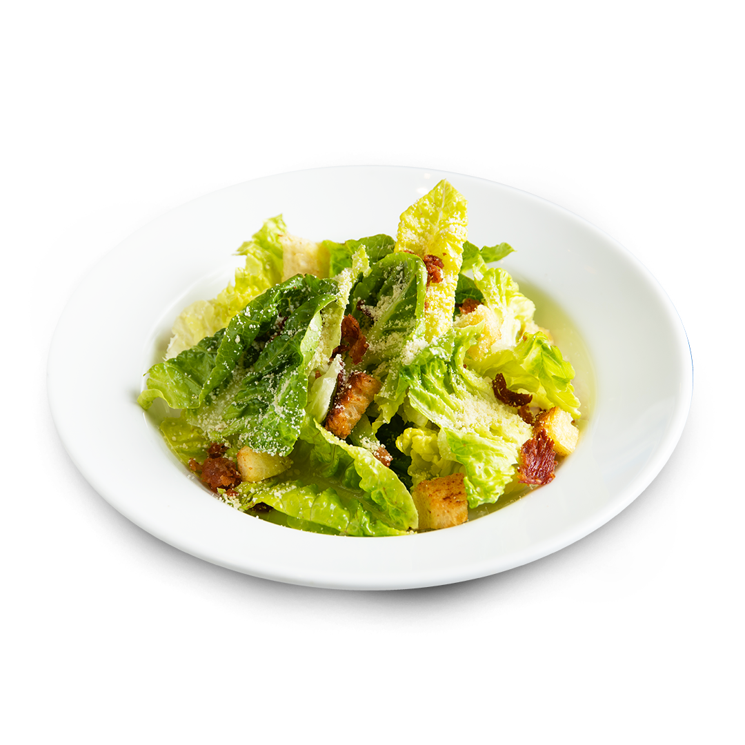 Enjoy light and healthy Caesar salad from AllAmerican, made with fresh lettuce, bacon, croutons, tossed in caesar dressing.